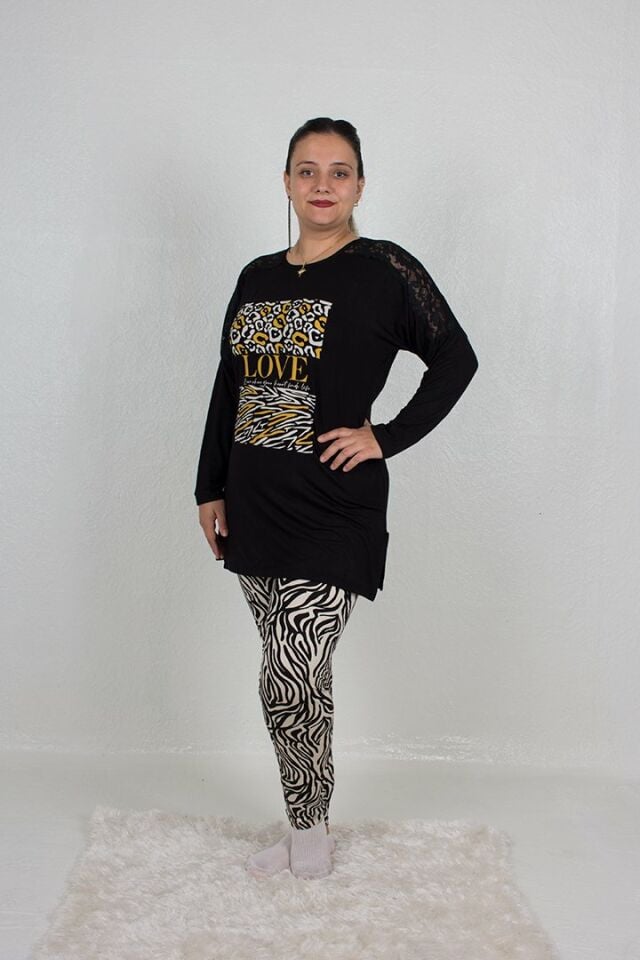Büyük Beden Omuz Detaylı alt Zebra Desen Pijama Takım