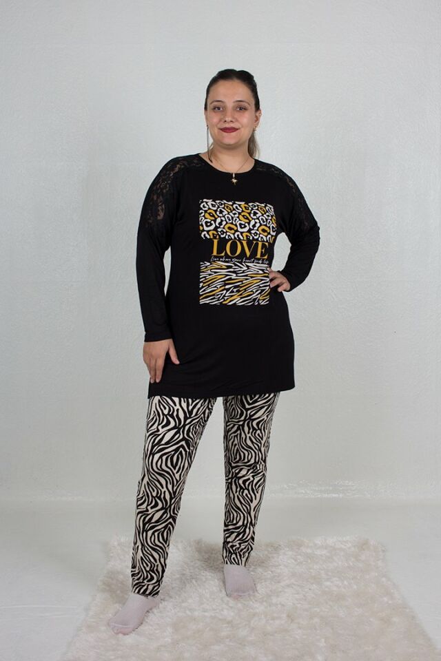 Büyük Beden Omuz Detaylı alt Zebra Desen Pijama Takım siyah - 44-46