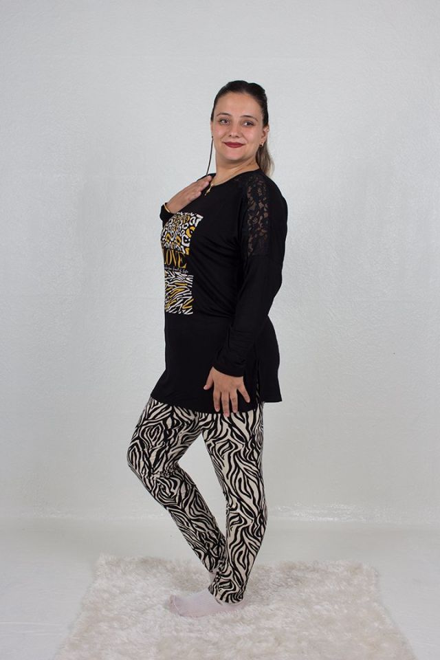 Büyük Beden Omuz Detaylı alt Zebra Desen Pijama Takım siyah - 44-46