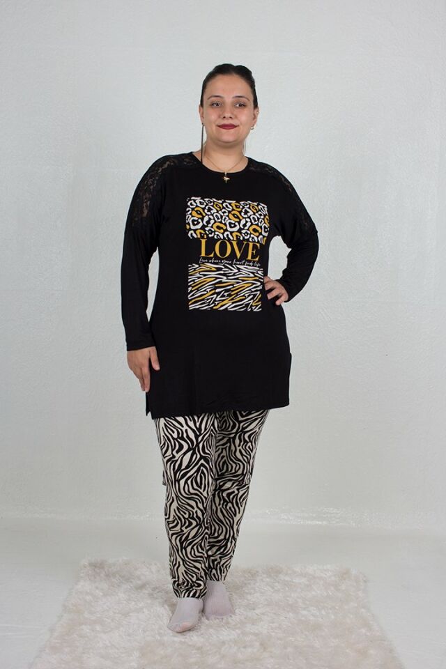 Büyük Beden Omuz Detaylı alt Zebra Desen Pijama Takım siyah - 44-46