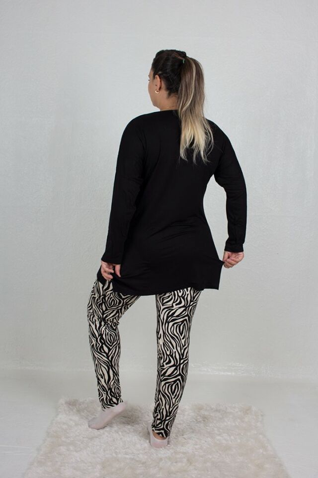 Büyük Beden Omuz Detaylı alt Zebra Desen Pijama Takım siyah - 44-46
