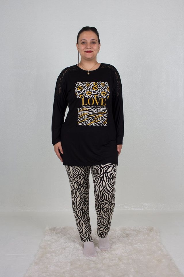 Büyük Beden Omuz Detaylı alt Zebra Desen Pijama Takım siyah - 48-50
