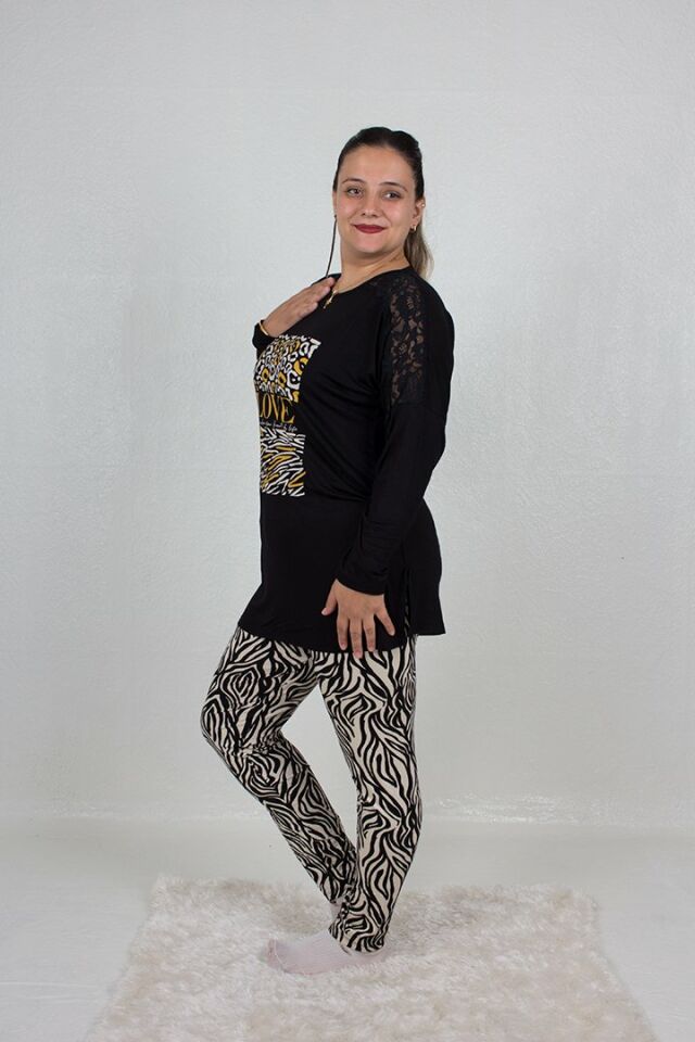 Büyük Beden Omuz Detaylı alt Zebra Desen Pijama Takım siyah - 48-50