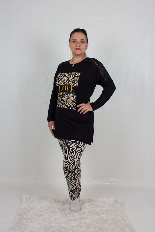Büyük Beden Omuz Detaylı alt Zebra Desen Pijama Takım siyah - 48-50