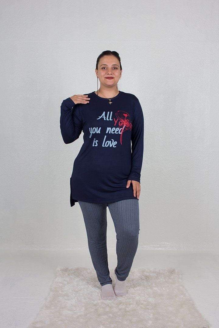 Büyük Beden Tunikli Yanı Yırtmaçlı Pijama Takım