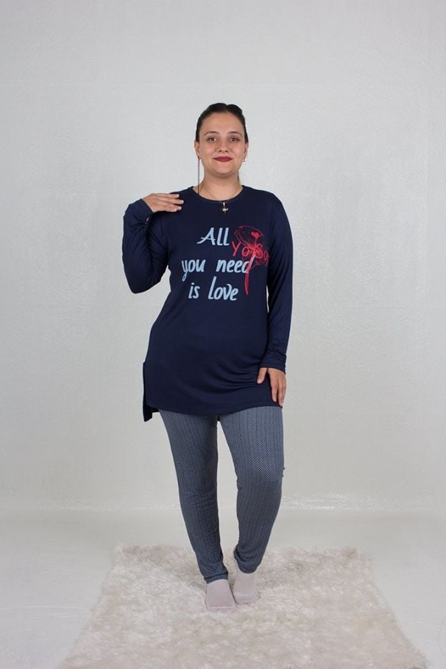 Büyük Beden Tunikli Yanı Yırtmaçlı Pijama Takım