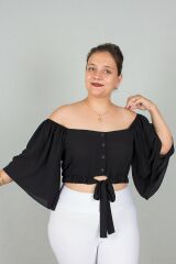 Büyük Beden Kadın Giyim Geniş Kollu Beli Lastik ve Büzgülü Crop Siyah Bluz