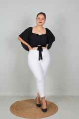 Büyük Beden Kadın Giyim Geniş Kollu Beli Lastik ve Büzgülü Crop Siyah Bluz