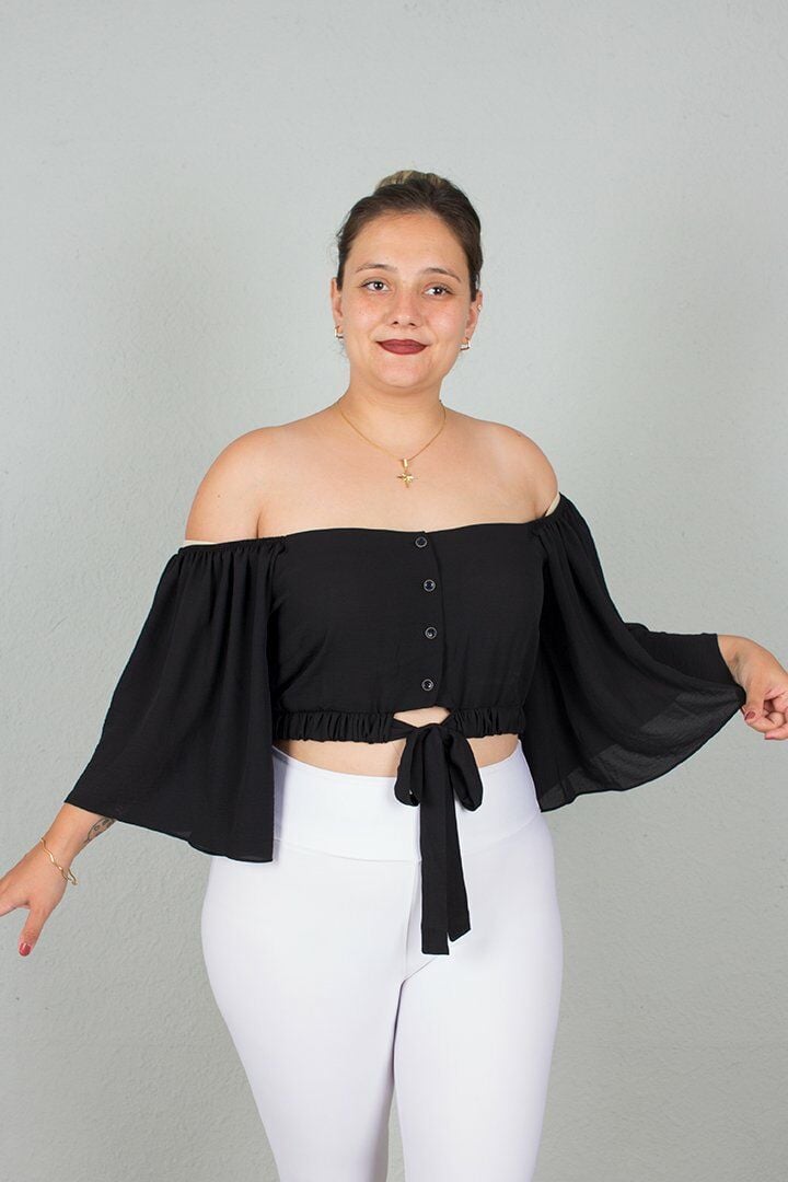 Büyük Beden Kadın Giyim Geniş Kollu Beli Lastik ve Büzgülü Crop Siyah Bluz siyah - 50