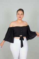 Büyük Beden Kadın Giyim Geniş Kollu Beli Lastik ve Büzgülü Crop Siyah Bluz siyah - 50