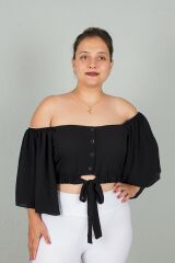 Büyük Beden Kadın Giyim Geniş Kollu Beli Lastik ve Büzgülü Crop Siyah Bluz siyah - 50