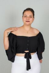 Büyük Beden Kadın Giyim Geniş Kollu Beli Lastik ve Büzgülü Crop Siyah Bluz siyah - 50