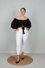 Büyük Beden Kadın Giyim Geniş Kollu Beli Lastik ve Büzgülü Crop Siyah Bluz siyah - 50