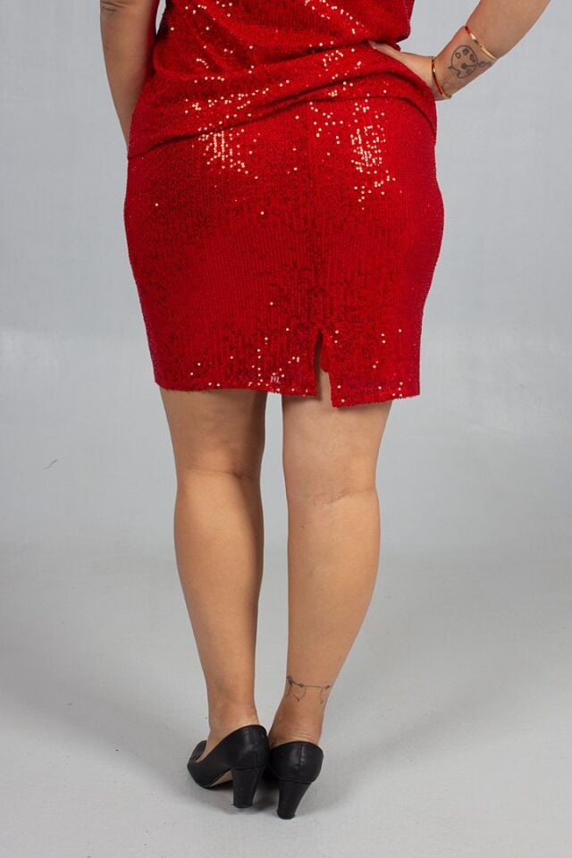 Büyük Beden Kırmızı Pul Payet Etek Işıltını Yansıt Tarzını Konuştur!