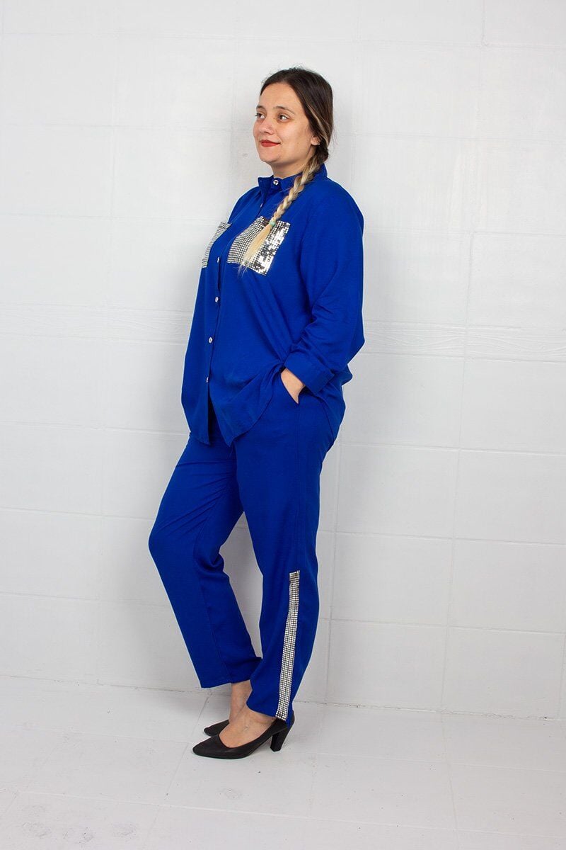 Pul İşlemeli Gömlek Pantolon Mavi Büyük Beden Takım