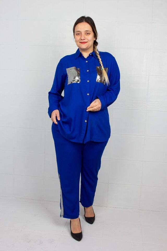 Pul İşlemeli Gömlek Pantolon Mavi Büyük Beden Takım