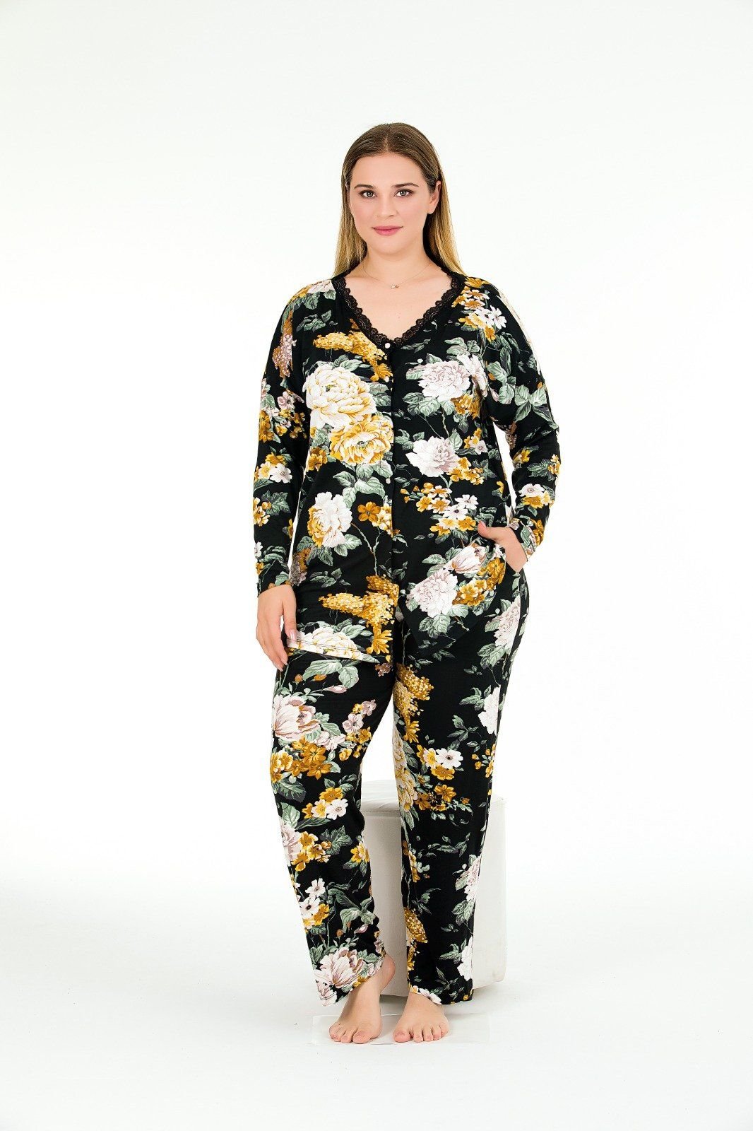 Büyük Beden Düğümeli Desenli Pijama Takım