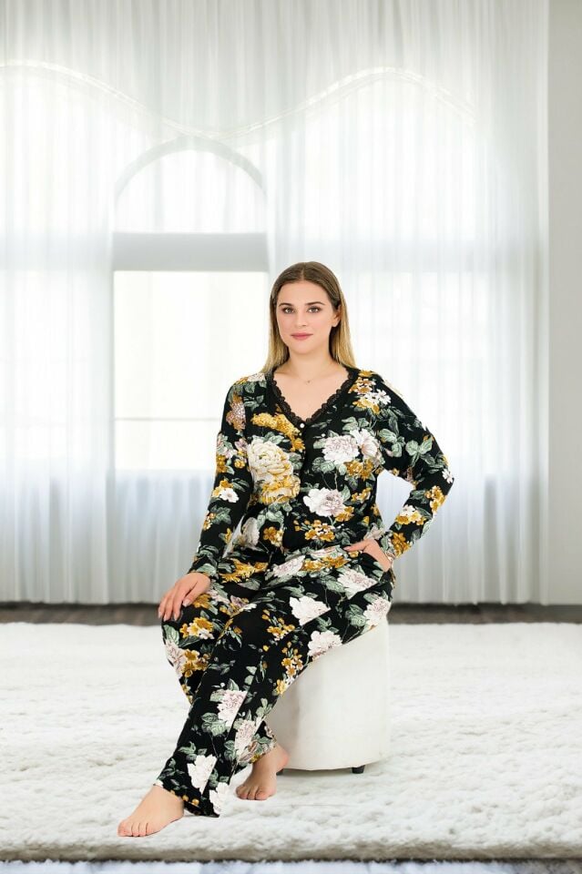 Büyük Beden Düğümeli Desenli Pijama Takım