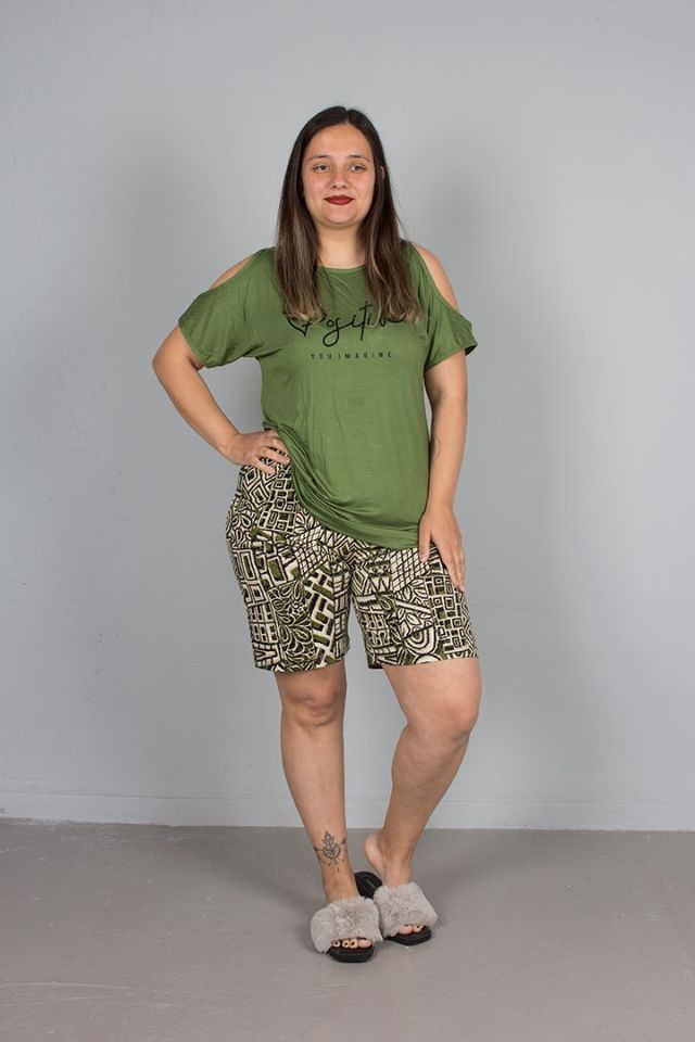 Büyük Beden Omuz Detaylı Şortlu Pijama Takım