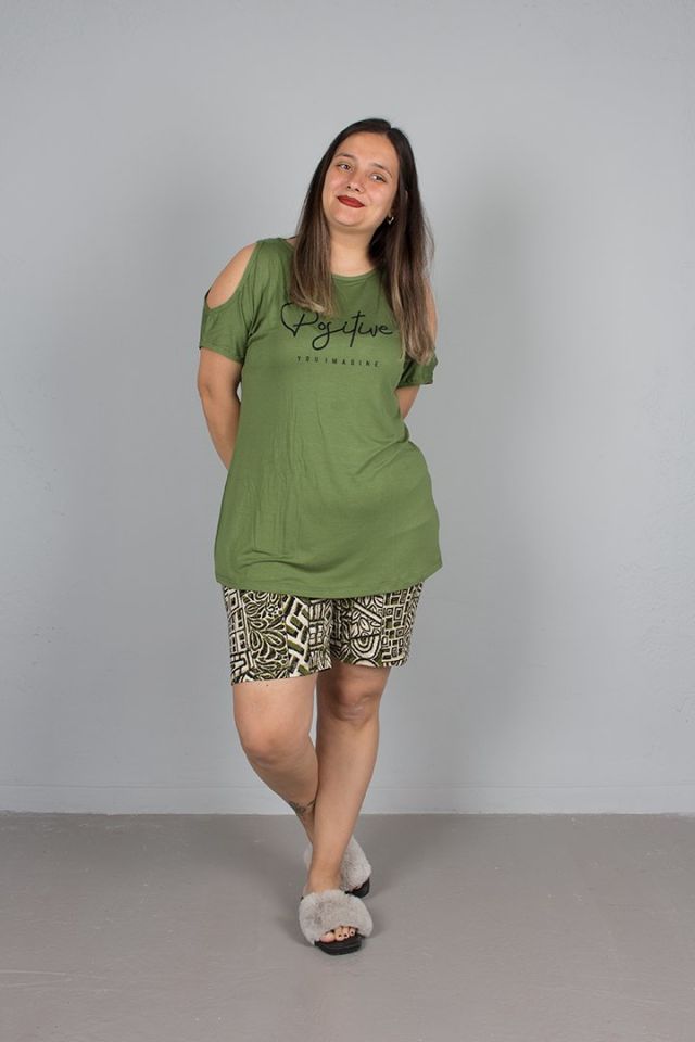 Büyük Beden Omuz Detaylı Şortlu Pijama Takım