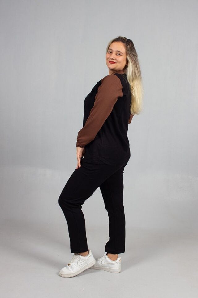 Taş Detaylı Şıklık! Büyük Beden Siyah Kahve Eşofman Takımı