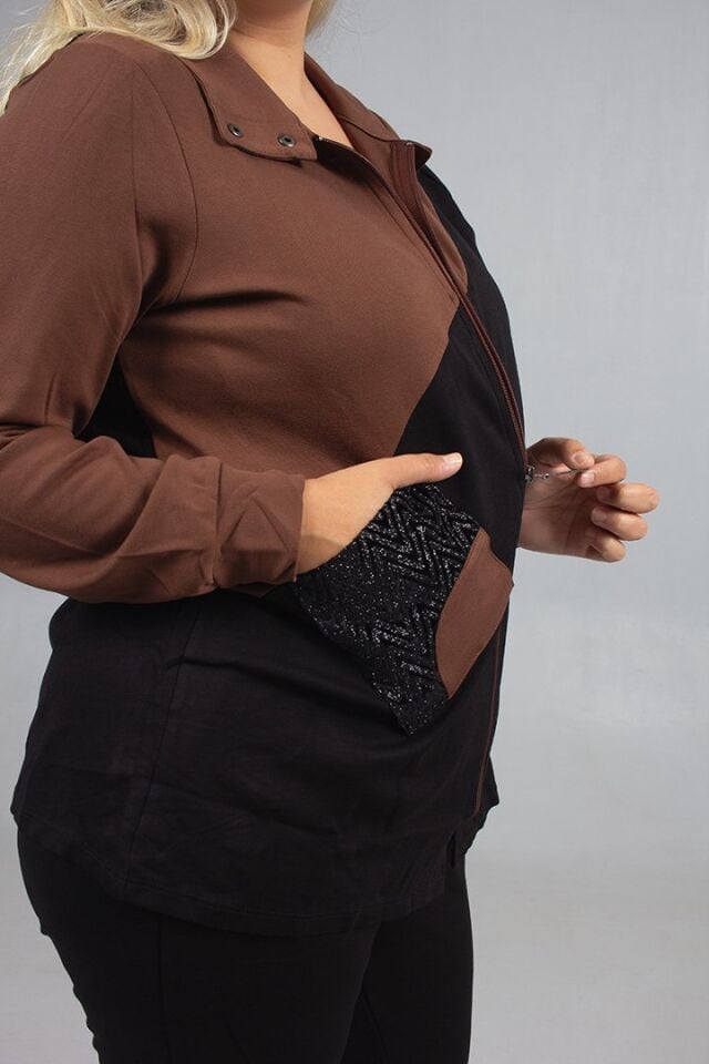 Taş Detaylı Şıklık! Büyük Beden Siyah Kahve Eşofman Takımı