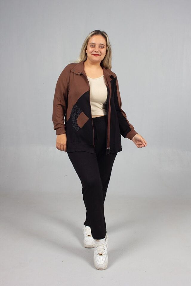 Taş Detaylı Şıklık! Büyük Beden Siyah Kahve Eşofman Takımı