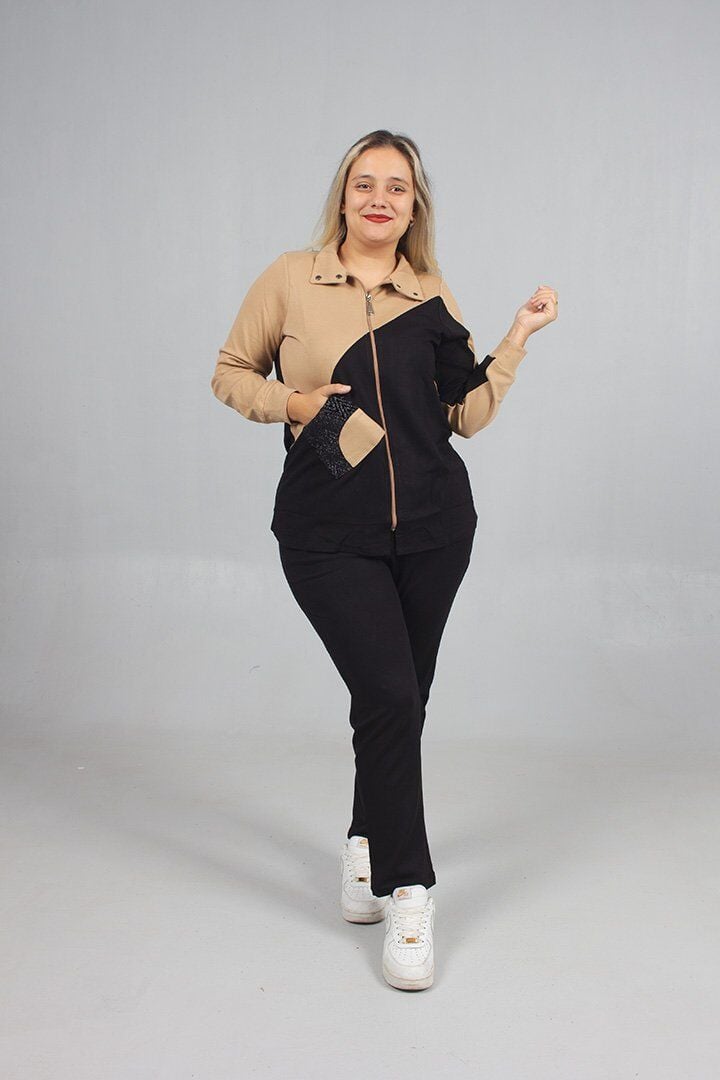 Taş Detaylı Şıklık! Büyük Beden Siyah Kahve Eşofman Takımı