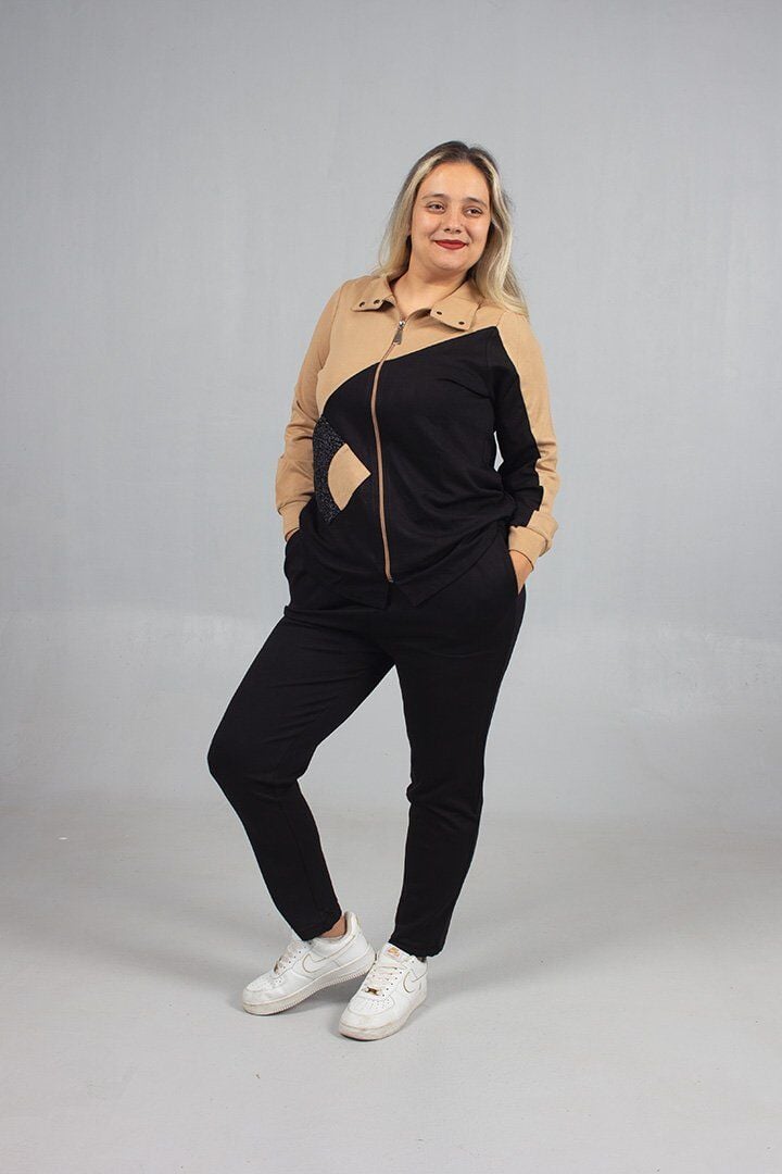 Taş Detaylı Şıklık! Büyük Beden Siyah Kahve Eşofman Takımı