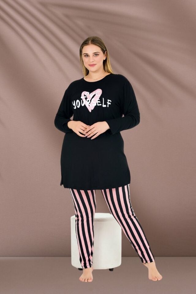 Büyük Beden Üst Tunik Alt Tayt Pijama Takım siyah - 52-54