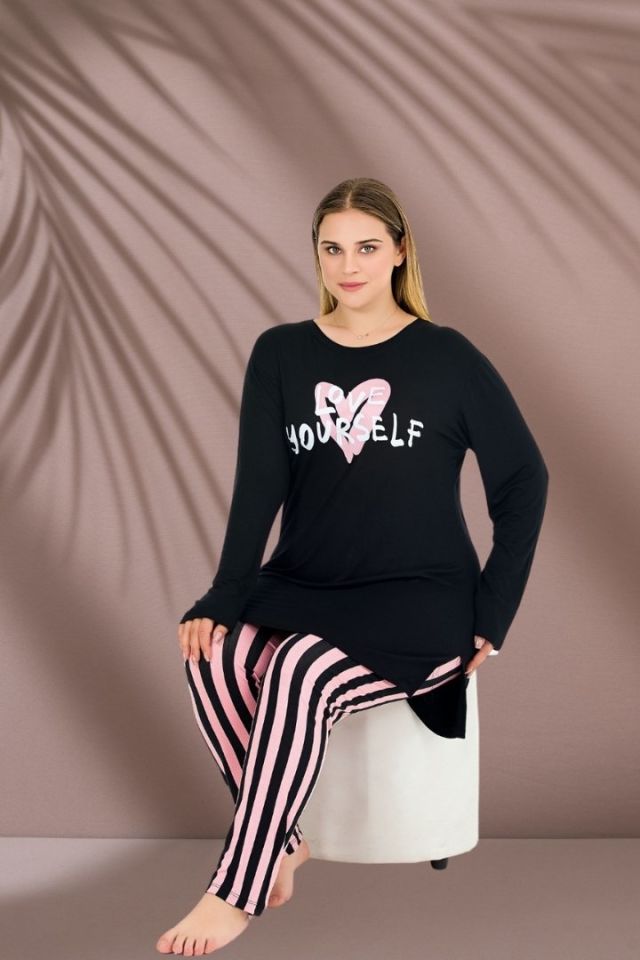 Büyük Beden Üst Tunik Alt Tayt Pijama Takım siyah - 52-54