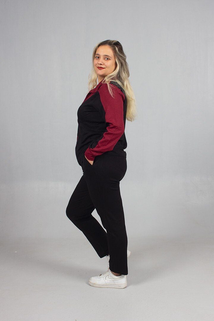 Taş Detaylı Şıklık! Büyük Beden Eşofman Takımı Siyah & Bordo