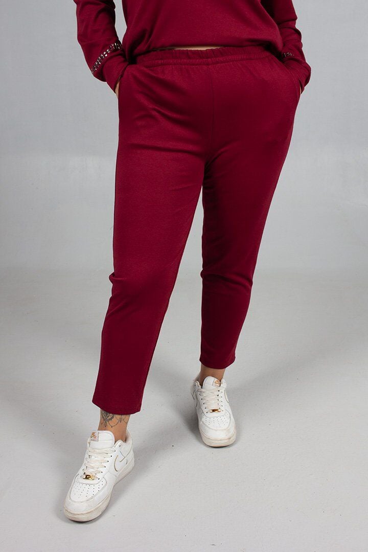 Bordo Taş Işıltılı Kapşonlu Büyük Beden Eşofman Takımı