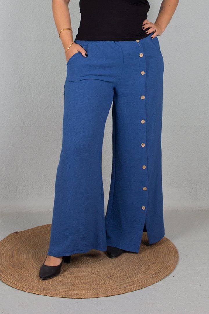 Büyük Beden Ön Düğmeli Bol Paça Aerobin Kumaş Pantolon Mavi mavi - 40