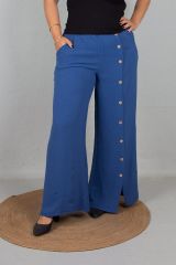 Büyük Beden Ön Düğmeli Bol Paça Aerobin Kumaş Pantolon Mavi mavi - 40