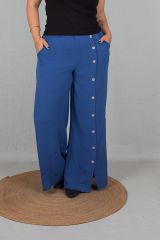 Büyük Beden Ön Düğmeli Bol Paça Aerobin Kumaş Pantolon Mavi mavi - 40