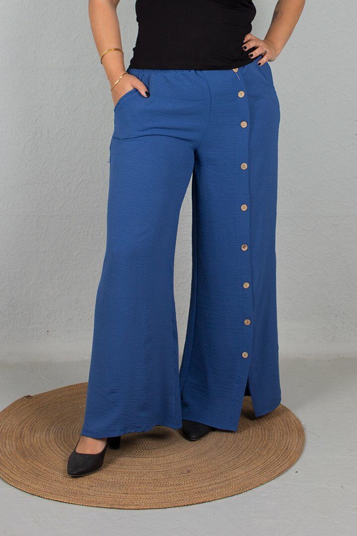 Büyük Beden Ön Düğmeli Bol Paça Aerobin Kumaş Pantolon Mavi mavi - 42