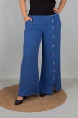Büyük Beden Ön Düğmeli Bol Paça Aerobin Kumaş Pantolon Mavi mavi - 42