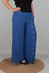 Büyük Beden Ön Düğmeli Bol Paça Aerobin Kumaş Pantolon Mavi mavi - 42