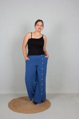 Büyük Beden Ön Düğmeli Bol Paça Aerobin Kumaş Pantolon Mavi mavi - 42