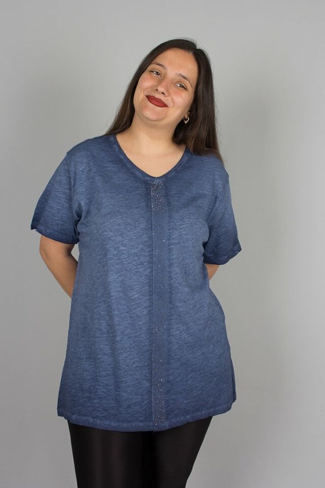 Büyük Beden Yıkamalı Ön Taş İşlemeli Pamuklu Bluz mavi - 44