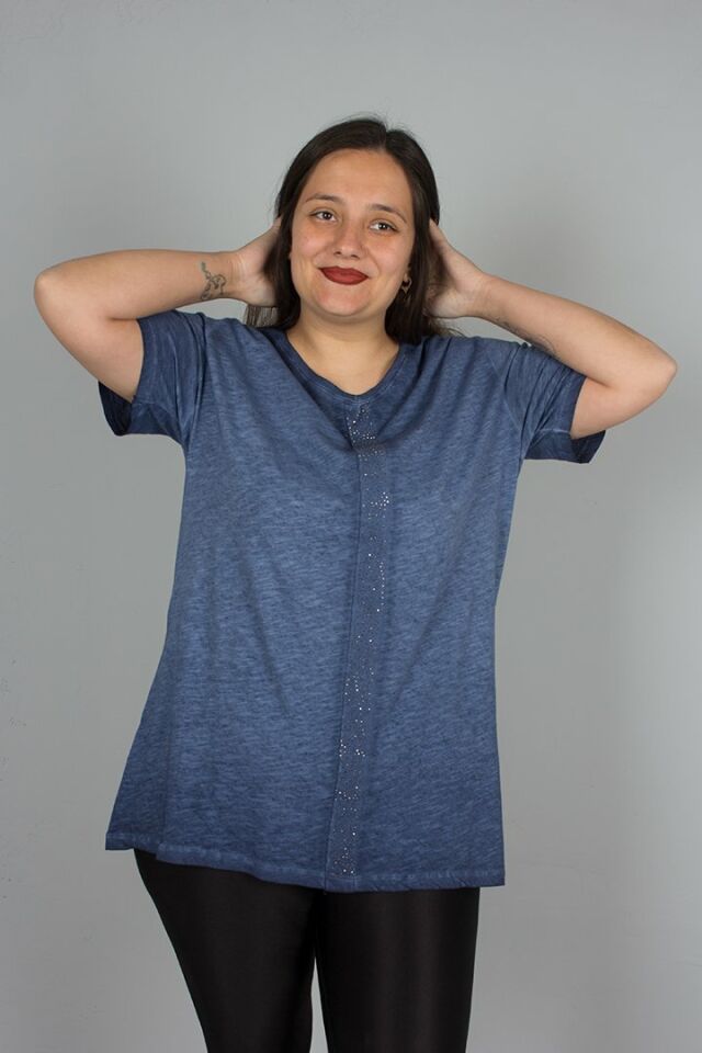 Büyük Beden Yıkamalı Ön Taş İşlemeli Pamuklu Bluz mavi - 44