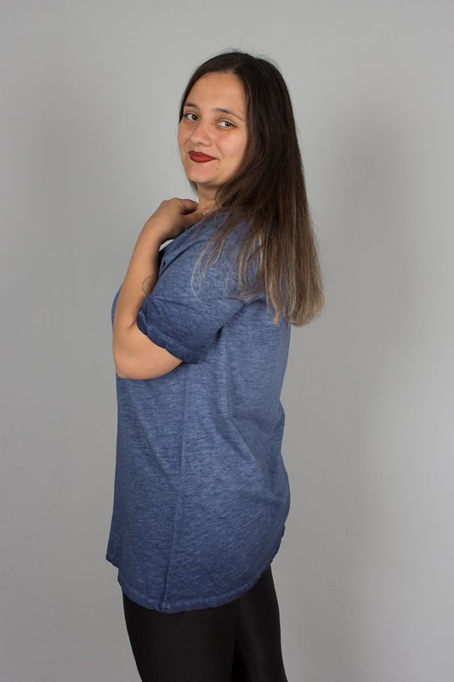 Büyük Beden Yıkamalı Ön Taş İşlemeli Pamuklu Bluz mavi - 44