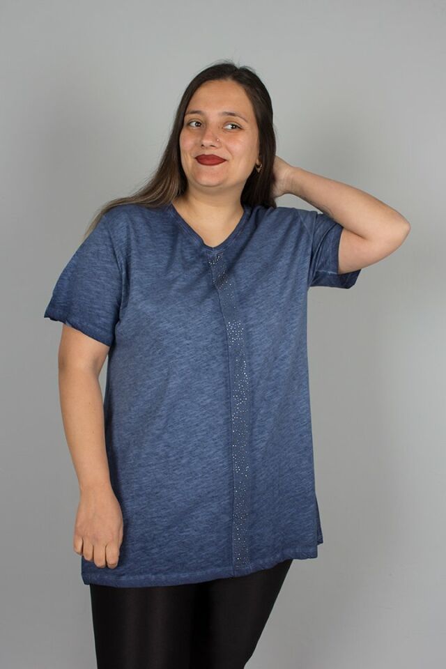 Büyük Beden Yıkamalı Ön Taş İşlemeli Pamuklu Bluz mavi - 44