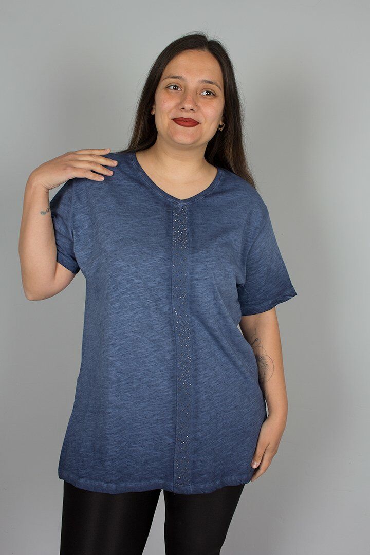 Büyük Beden Yıkamalı Ön Taş İşlemeli Pamuklu Bluz mavi - 46
