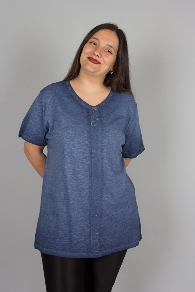 Büyük Beden Yıkamalı Ön Taş İşlemeli Pamuklu Bluz mavi - 46
