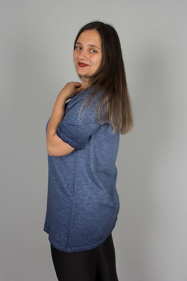 Büyük Beden Yıkamalı Ön Taş İşlemeli Pamuklu Bluz mavi - 46