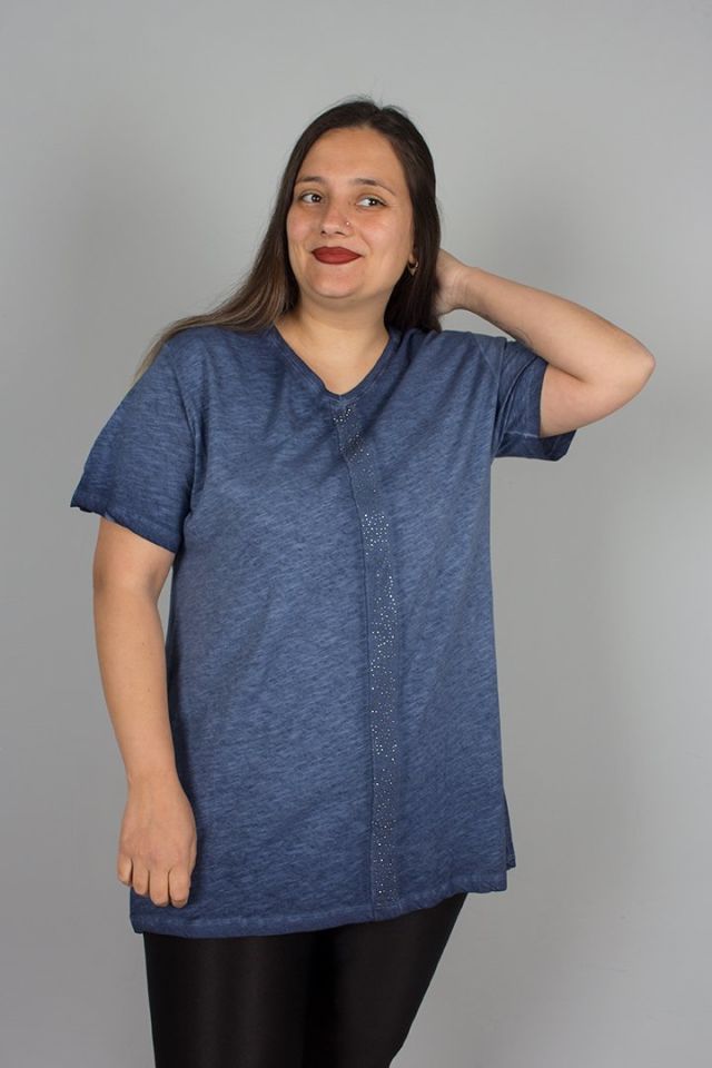 Büyük Beden Yıkamalı Ön Taş İşlemeli Pamuklu Bluz mavi - 46