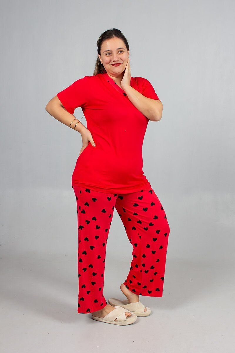 Büyük Beden Kalp Desenli Viskon Pijama Takım