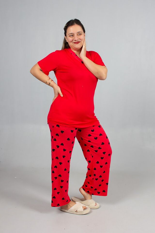 Büyük Beden Kalp Desenli Viskon Pijama Takım